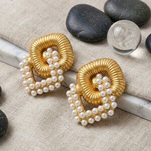 18K Gold Plated Stainless Steel Pearl Square Geometric Chunky Statement Earrings